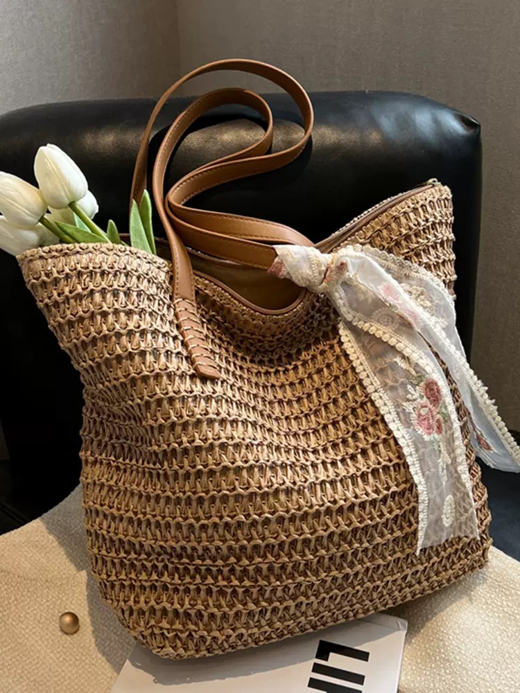Summer Large Capacity Tote Bag Women Shoulder Bag Handmade Woven Bag Fresh Rural Handheld Grass Woven Women Bag