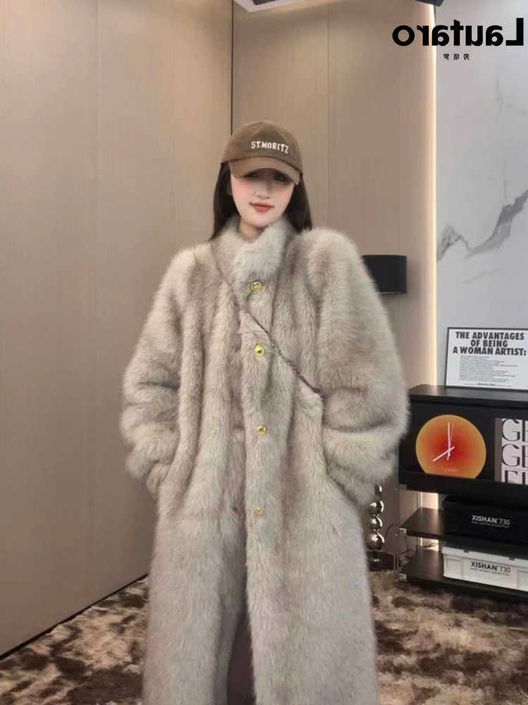 Autumn Lautaro Winter Long Thick Warm Hairy Soft Fur Coat Women Stand Collar Elegant Chic Fluffy Jacket 2024 S261016FBJJ