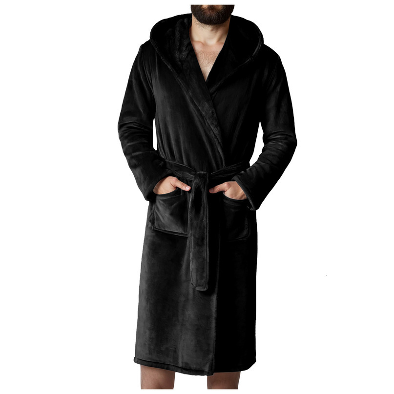 Winter Thicken Hooded Bathrobe Mens Plus Size Bath Robe Warm Flannel Nightwear Kimono Gown With Pockets Nightgown Home Clothes 261019