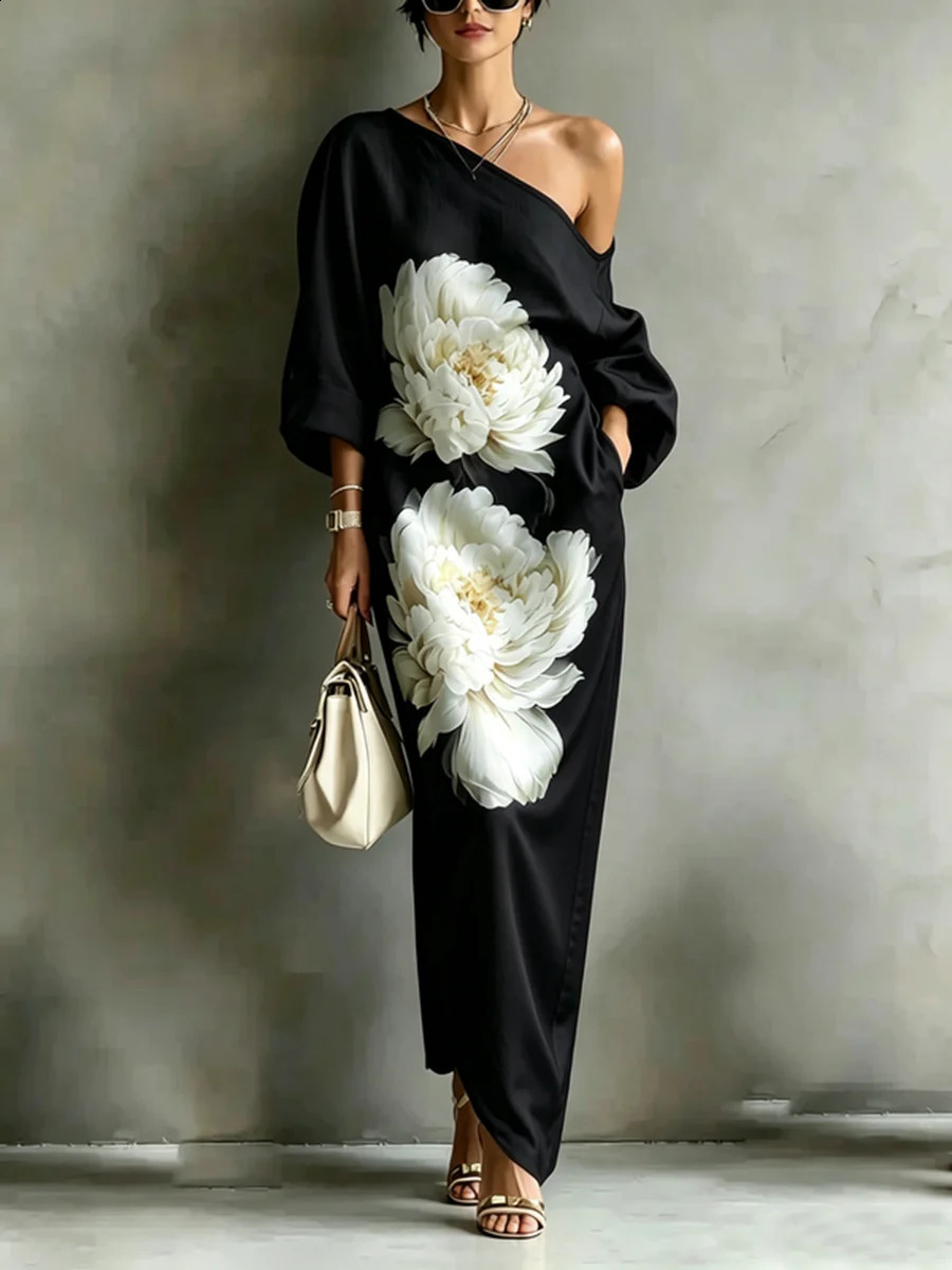 Modigirl Women One Shoulder Maxi Dress Floral Print Batwing Sleeve Loose Satin Long Dress Elegant Party Evening Ladies Dresses 261015