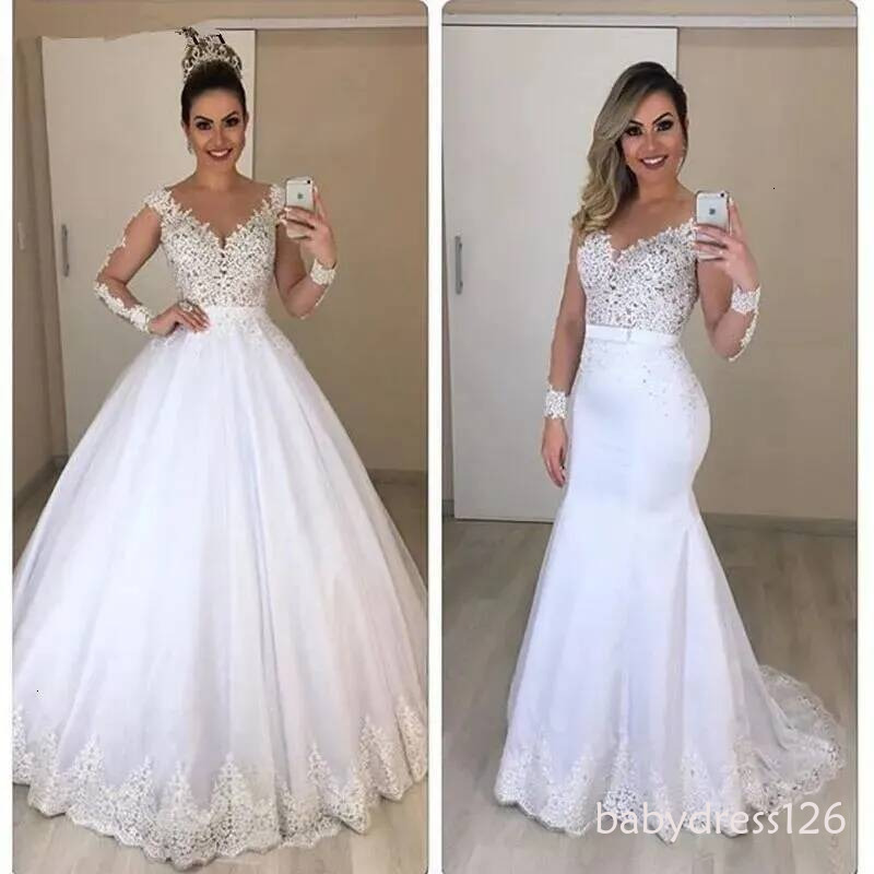 2026 new Vestido De Novia Lace 2 In 1 Mermaid Wedding Dresses sheer Long Sleeves Detachable Train Puffy Tulle Appliques Bridal Gowns