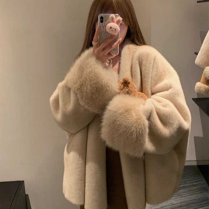 Mink Women's Fur Coat Winter Thick Warm Long Slve Furry Jacket Elegant Loose Fur Trim Cuff Plush Outerwear S261016C4LV