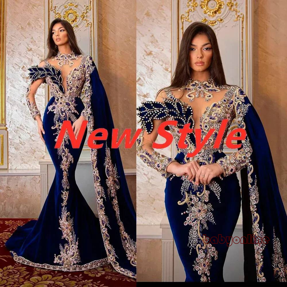 Blue Elegant Prom Dress Sequins High Collar Applique Lace Mermaid Satin Long Sleeve Evening Dresses Sheer Hollow Back Ruched Party Custom Size BC113