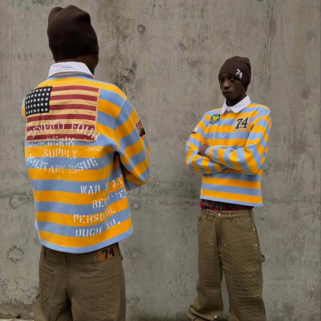 American Retro Striped Cropped Rugby Shirt for Men Flag Patch Letter Print Half Zip Lapel Long Sleeve Y2K Hip Hop Streetwear 261014