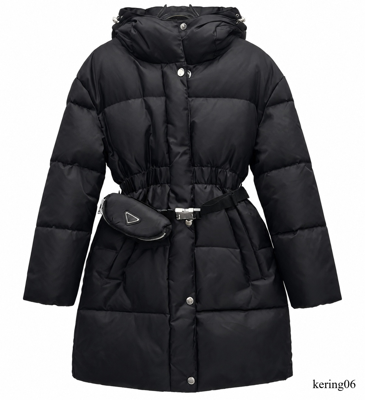 Recycled Nylon Long Down Jacket Women Hooded Cinched Waist Detachable Fanny Pack Quilted Snap Button Lightweight Warm Parka Fall Winter