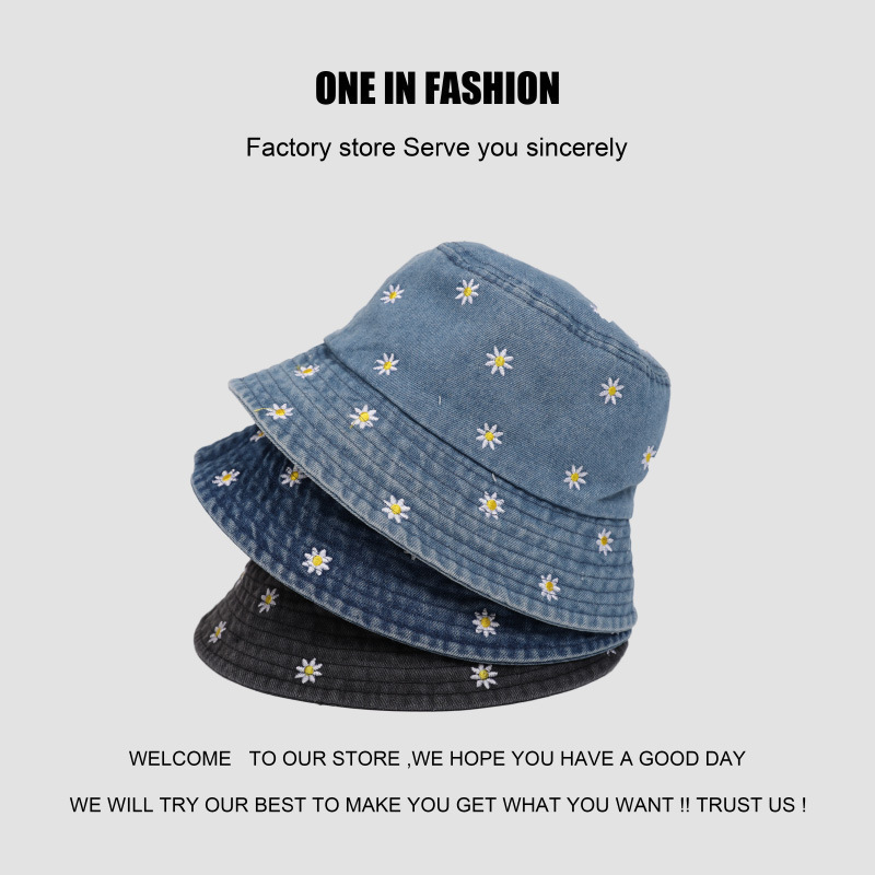 Luxury Cap Brand Designer Hat Love Life Chrysanthemum Ins Four-Season Embroidered Denim Smiley Fisherman Hat For Women, Sun Protection, Face Coverin