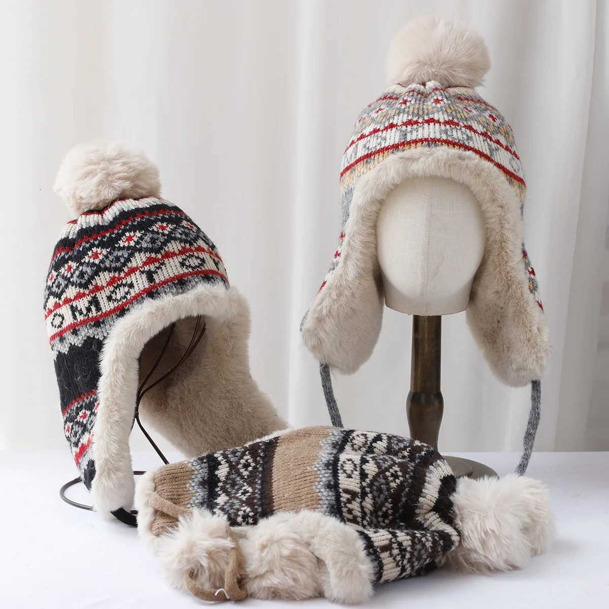Beanie/Skull Caps 2024 Autumn Winter Sherpa Peru Hat Ear Protection Warm Knitting Plush Ball Snow Ski Cap Hunting Balaclava Windproof Hats Q261017