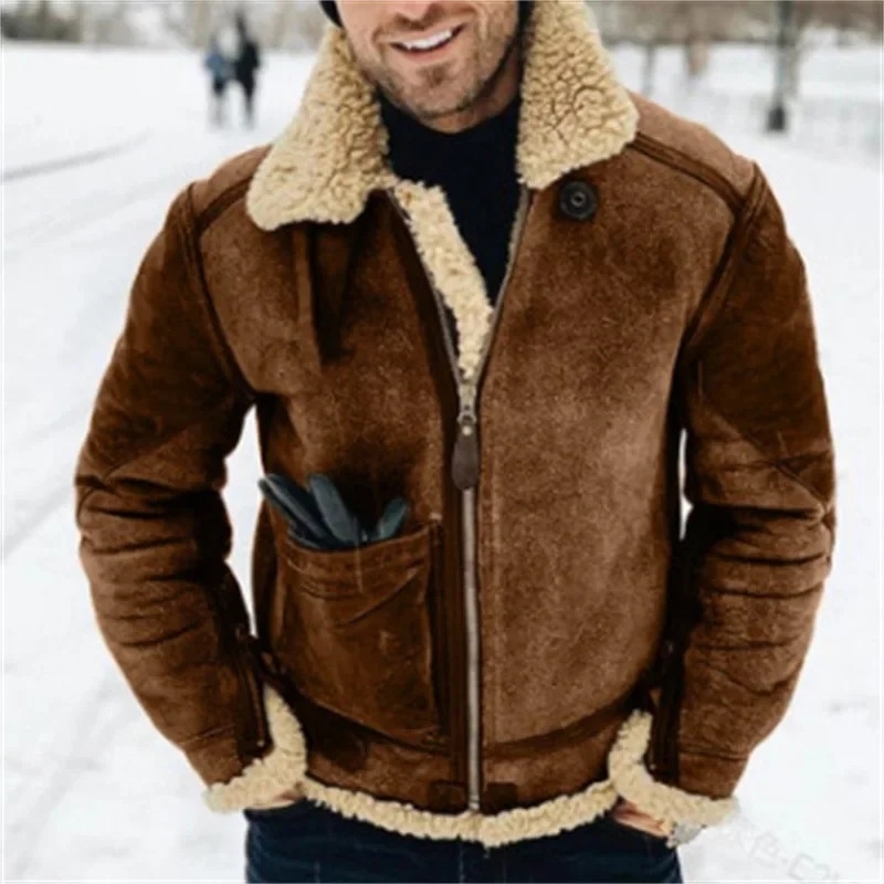 Winter Thick Men's Jacket Warm Faux Leather Coats Fashion Turn Down Collar Contrasting Color Man Suede Fur OnePiece y261008