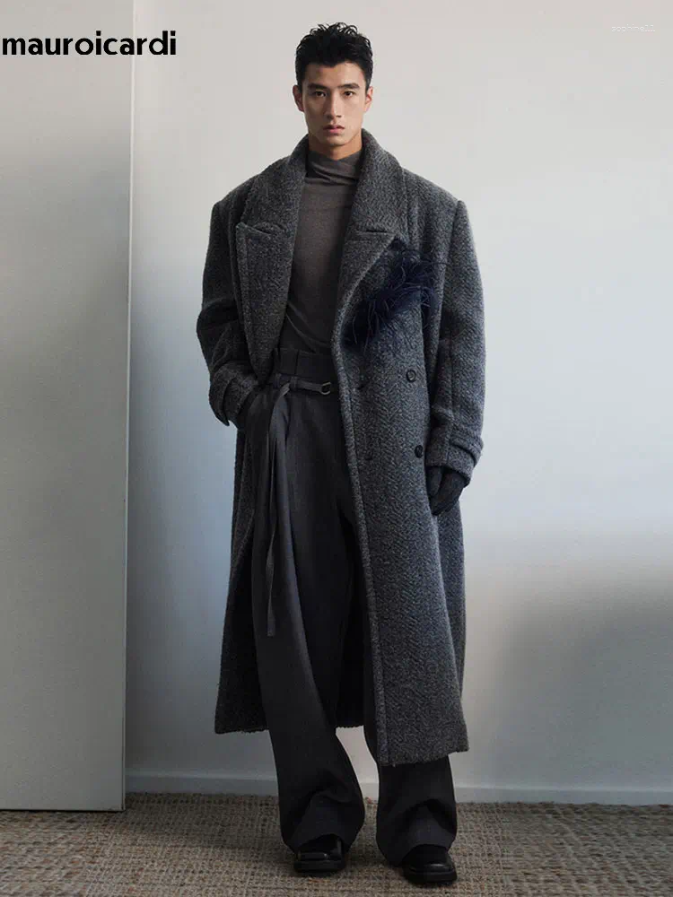 Mauroicardi Autumn Winter Long Warm Thick Dark Grey Wool Blends Coat Men Shoulder Pads Elegant Chic Luxury Woolen Overcoat 2026
