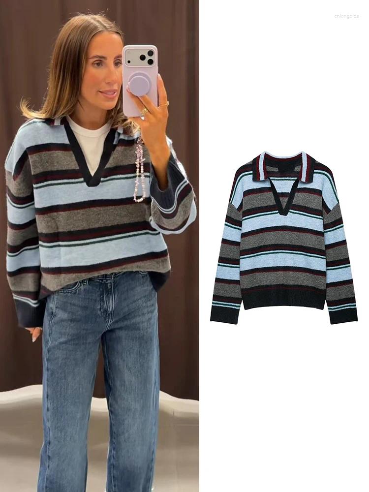 Women Striped Polo Shirt Elegant Casual Knit Color Blocked Long Sleeve Lapel Sweater 2026 Autumn Winter Vacation Outfit