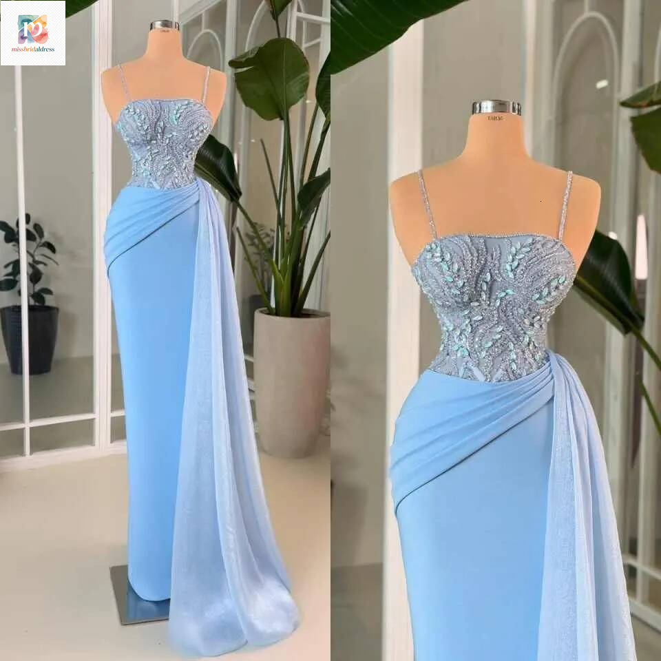 Sexy Spaghetti Evening Dresses Mermaid Pleated Beads Women Prom Gowns Second Engagement Dress Customized Mb017