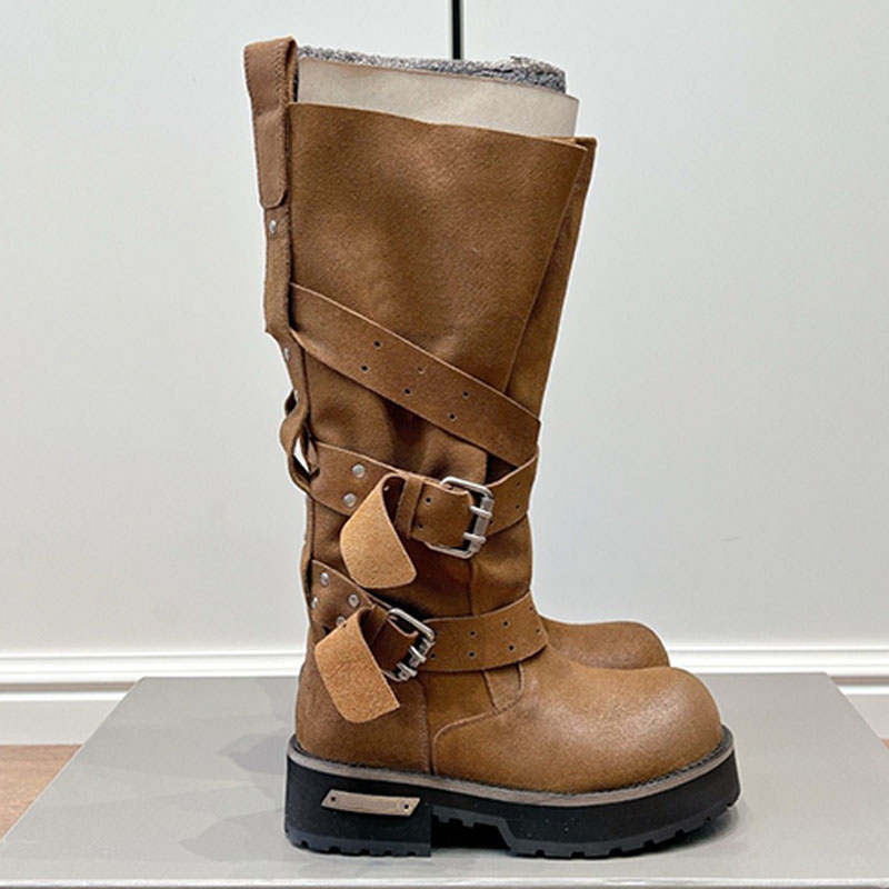 Mujer piel de becerro de gamuza encerada color canela Bota Retro Piel de becerro de gamuza encerada hombres dama Botas altas Correas ajustables Suel