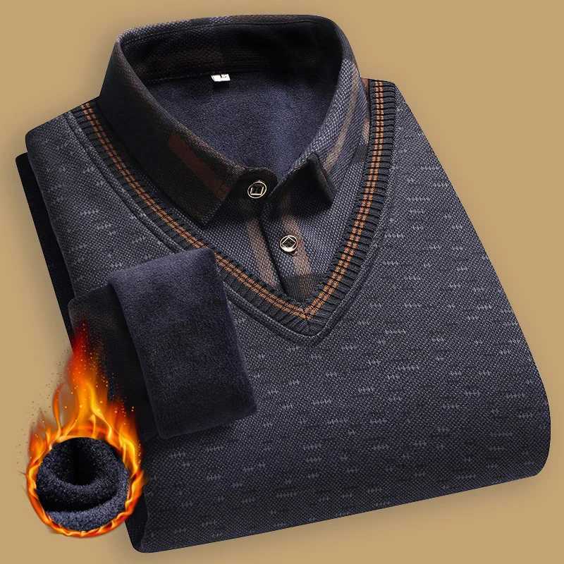 Autumn Winter Sweaters Men's New Velvet Pullover Knitted Bottom Shirts Men's Pullover Wine Red Flced Knitwear M261016