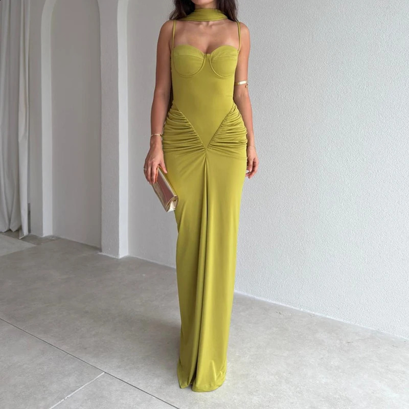 Fashion Wrap Chest High Waist Solid Color Summer Dress Formal Occasion Elegant Long Dresses Scarf Off Shoulder Women Party Dress 261014