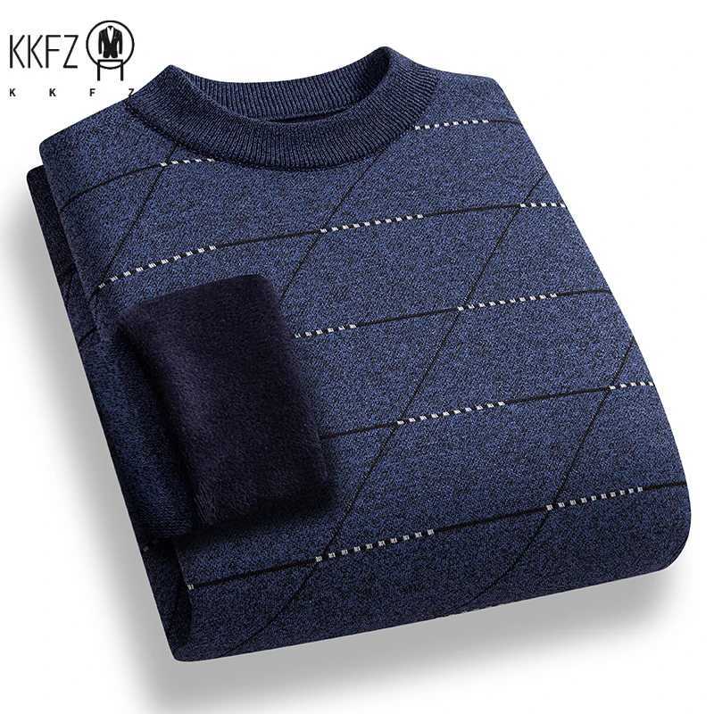 Pullover Cold Weather Men Knit Thick Plush Interior Diagonal Grid Print Design Everyday Casual Long Slve Warm Jumper M261016