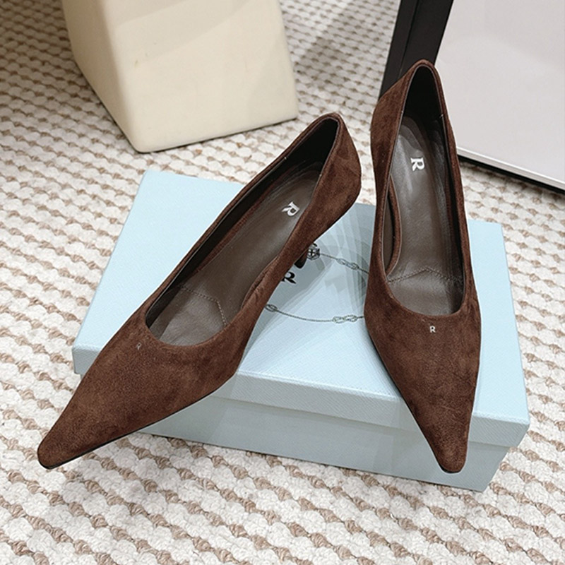 Ladies Luxury Suede Pointy Toe Pumps Leather Sole Rubber Heel Tip Fashion Patterns Embellish Toe Shoe Elegant Womens Office High Heels