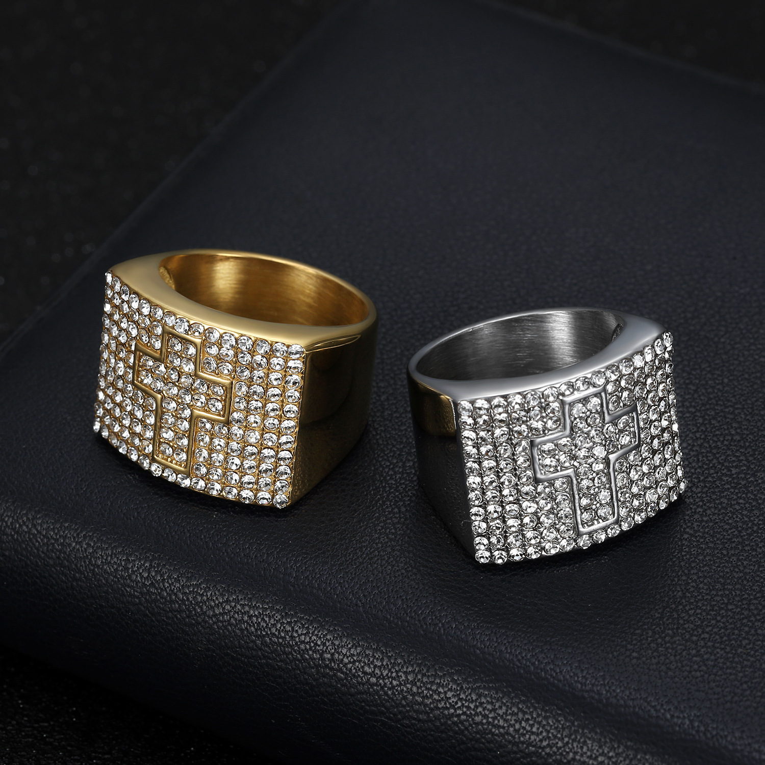 European and American Foreign Trade New 316 Stainless Steel/Titanium Steel Gold-Plated Full Diamond Cross Hip-Hop Men's Ring