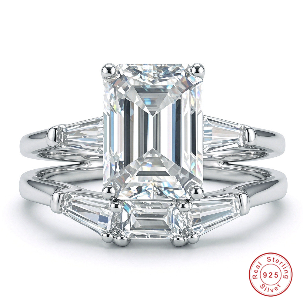 Genuine 100% 925 Sterling Silver Waterproof Sparkling Couple Bridal Rings Set Luxury Jewelry 3ct 7*9mm Emerald Cut High Carbon Diamond Eternity Wedd