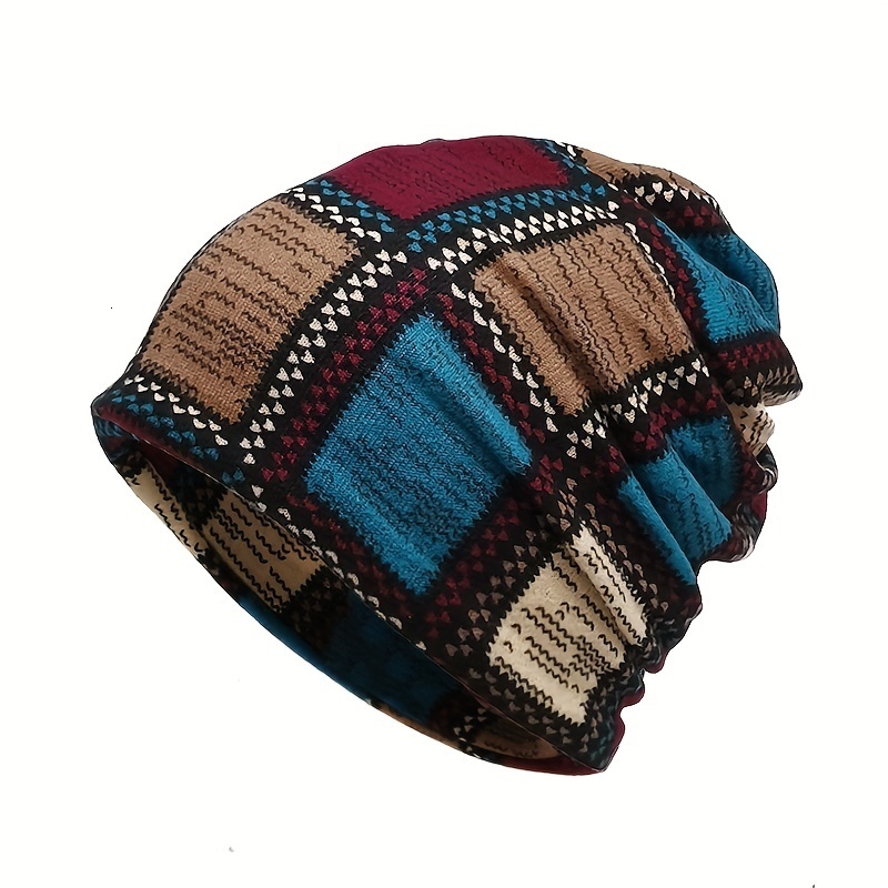 Autumn & Winter Vintage Printed Beanie - Classic Color Block Elastic Slouchy Skull Cap Boho Neck Gaiter Windproof for Women Men J260511