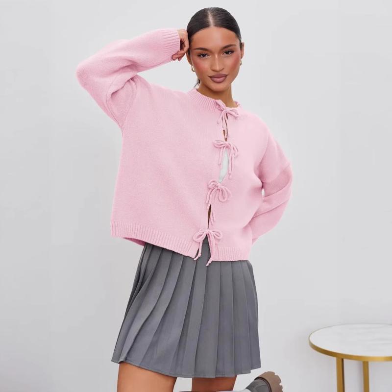 Designer Casual Lâche Tie-Front Ouvert Cardigan Solide Plaine Pull En Tricot À Manches Longues Court Automne Hiver Top