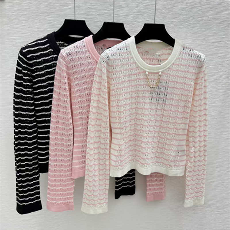 Women's Knits & Tees designer High-quality L26 autumn new chain-embellished, hollow-out, round-neck, fashionable, and age-reducing long-sleeved