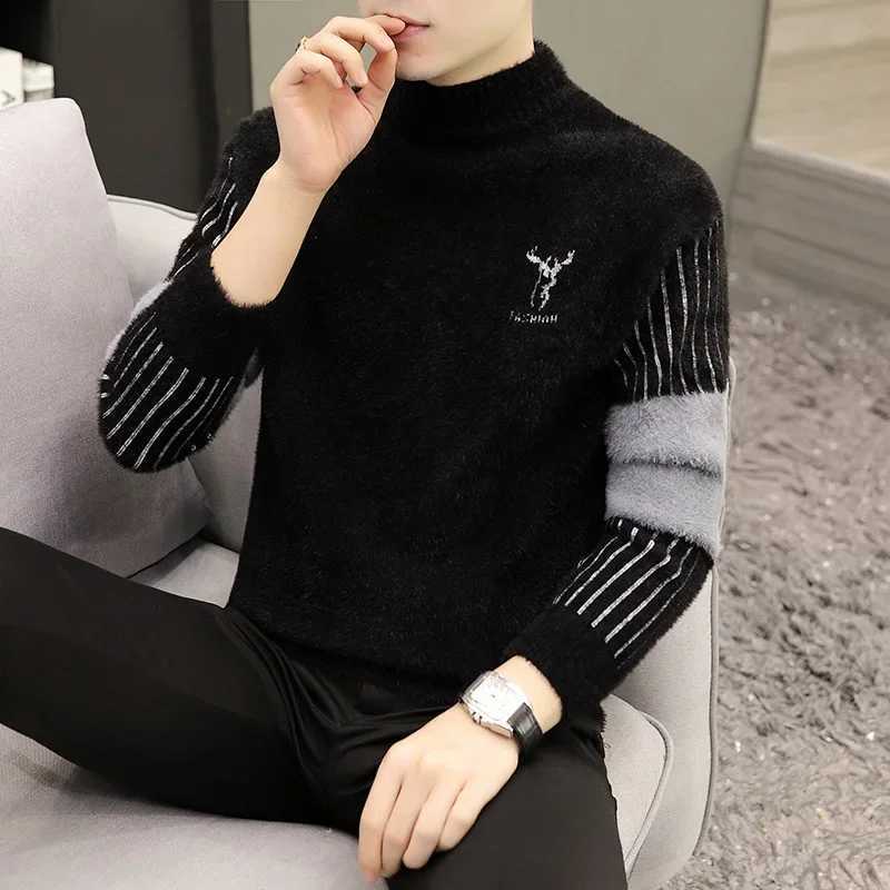 Men's Autumn Winter Black White Style Loose Fit Half turtle Neck Knitted Top Thickened Sweater Warm Men's Casual Wear Top M261016