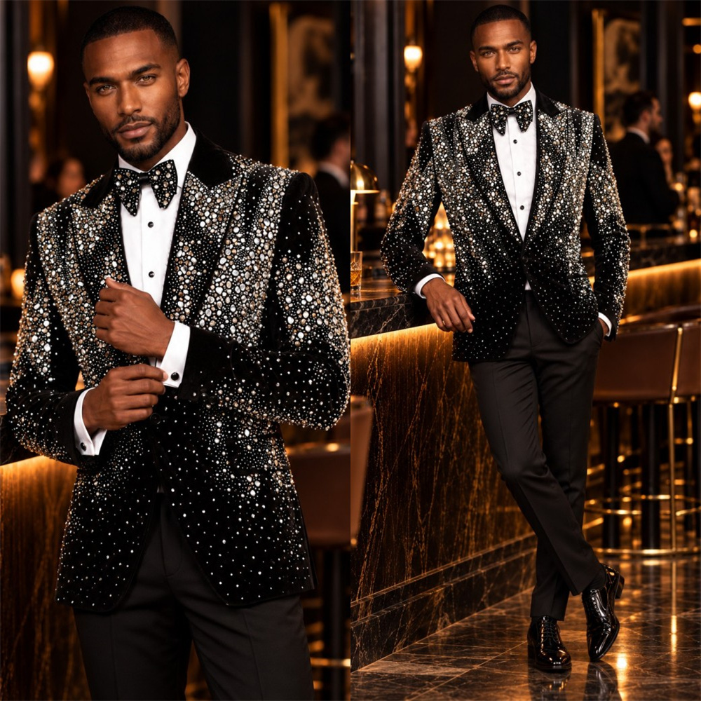 Luxury Men's Wedding Tuxedo Jacket Rhinestone Beaded Peak Lapel One Button 2 Pieces Set Groom Evening Party Coat Customized