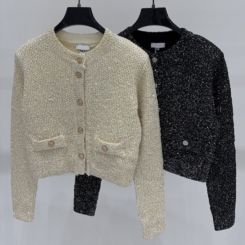 Luxury Women Sequin Knit Cardigan Designer Cropped Crew Neck Padded Shoulder Button Outwear Autumn Minimalist Banquet Party Elegant Chic Knit Top