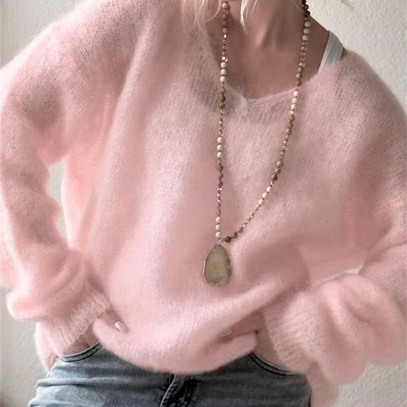Women'S Soft V Neck Pullover Sweater Casual Detail Light Pink Loose Fit for Spring Fall Spring260930wwww