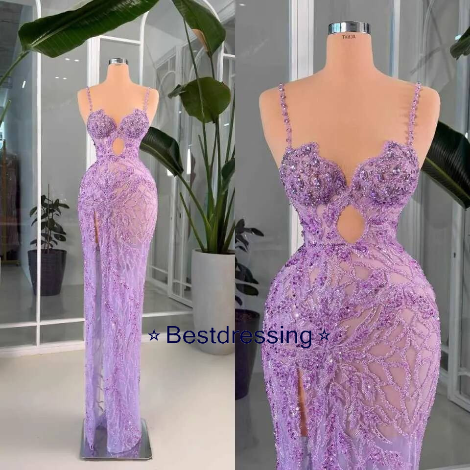 Sexy Spaghetti Strap Mermaid Prom Dress Purple 3D Flower Appliques Lace Evening Celebrity Gowns Customized Robe De Bd017