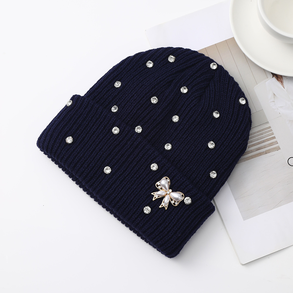 Autumn Winter New Korean Version Light Luxury Style Pearl Knitted Large Head Circumference Face Slimming Pullover Cold-Proof Ear Protection Woolen H