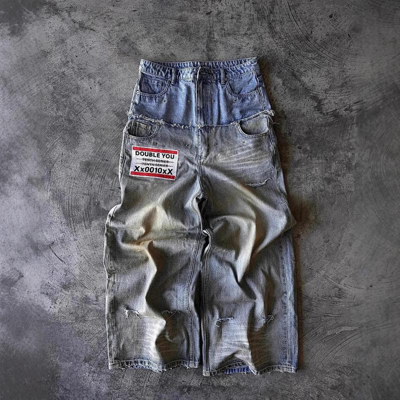Men's Y2K Letter Print Baggy Jeans Streetwear Hip Hop Ripped Wide Leg Pants Vintage Low Waist Stretch Denim Trousers