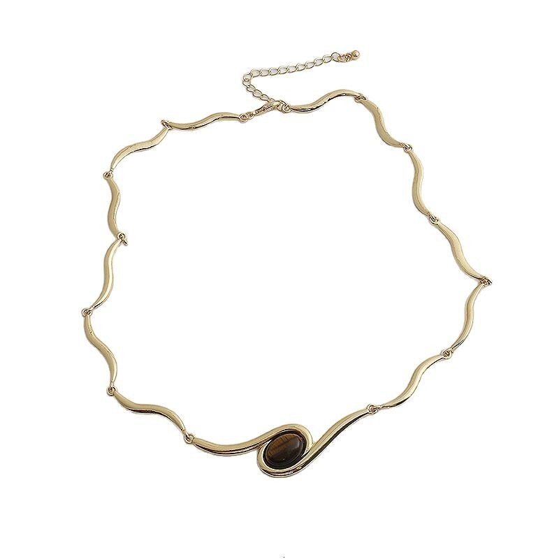 design, metallic oval black onyx wavy necklace for women, 2025 new style, with line stitching and a clavicle chain