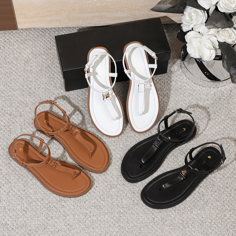 Caochpurse Designer Sandal Women Summer Versatile CH Genuine Leather Toe Clip Sandals For Women Flat Outdoor Roman Flip-flop Plus Size Sandal For Wo