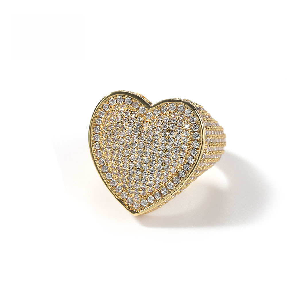 Street Style Luxury Iced Hip-Hop Personality Copper Inlaid 3A moissanite Large Heart Ring Internet Celebrity Ins Trendy Brand Accessory Luxury Out D