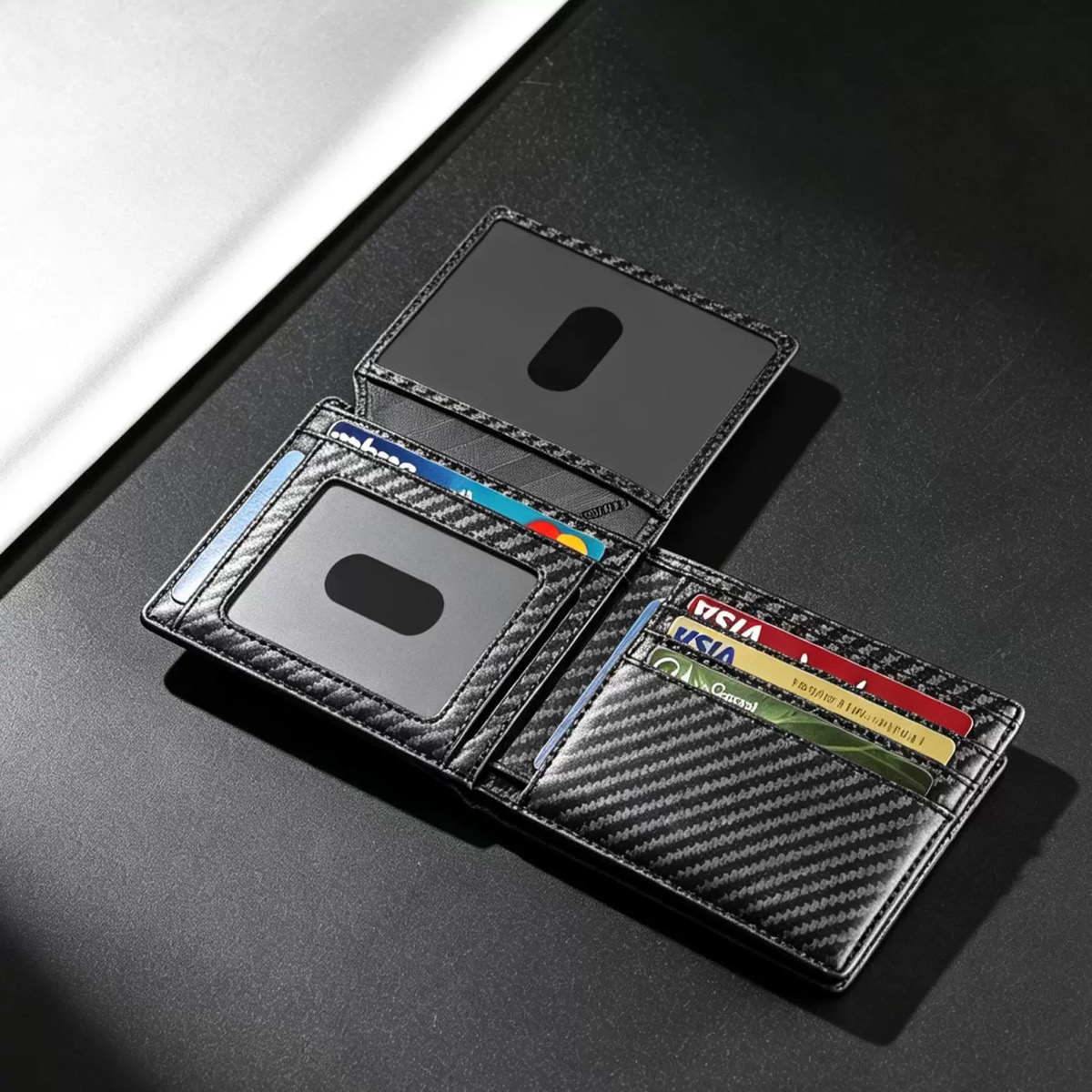 Men's Wallet Ultra Thin Rfid Leather with ID Window Multi Card Carbon Fiber Wallet