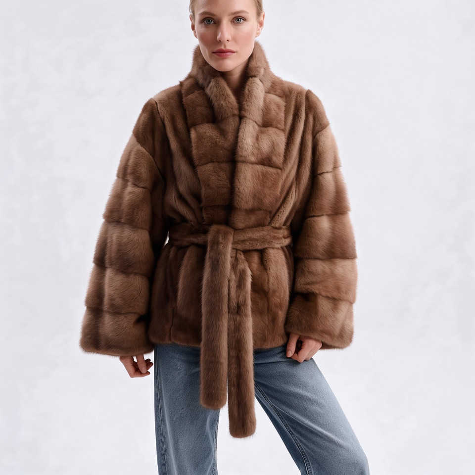 2026 IG Women Stand Collar Belted Waist Mink Fur Jacket Loose Long Slve Elegant Winter Party Outer Coat S26101607BB