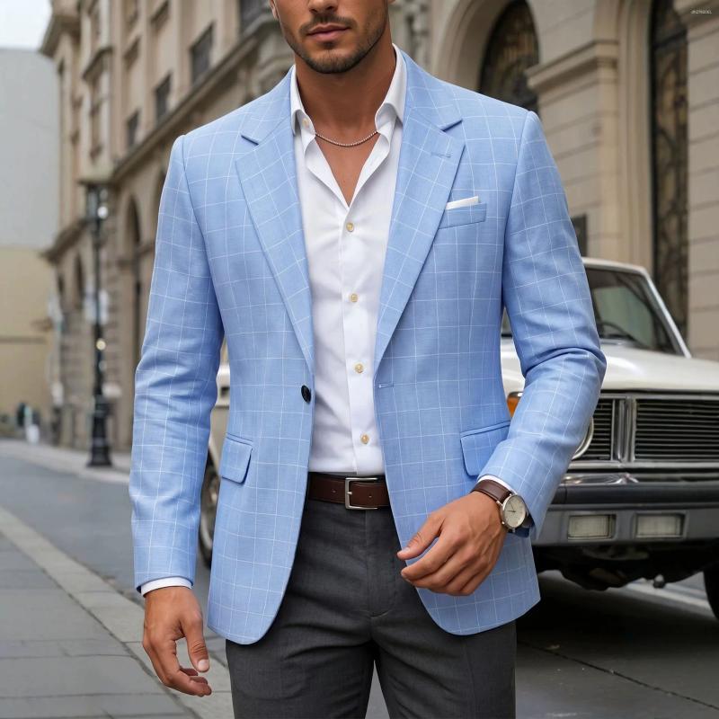 Men's Plaid Blazer British Style Single Breasted Lightweight Business Casual Suit Coat For Party Banquet Office Outwear