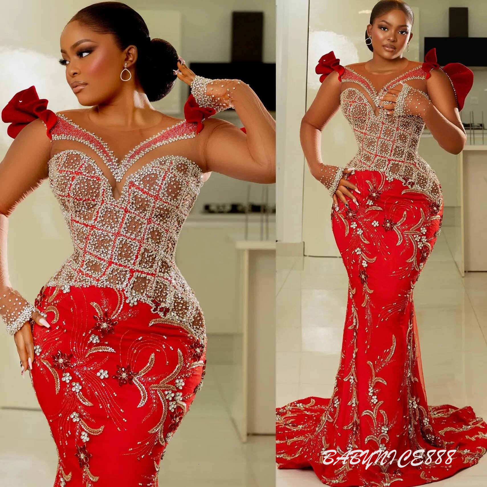 Plus Size Red Mermaid Prom Dresses For Special Occasions Luxurious Crystals Evening Formal Party Second Reception Birthday Engagement Gowns