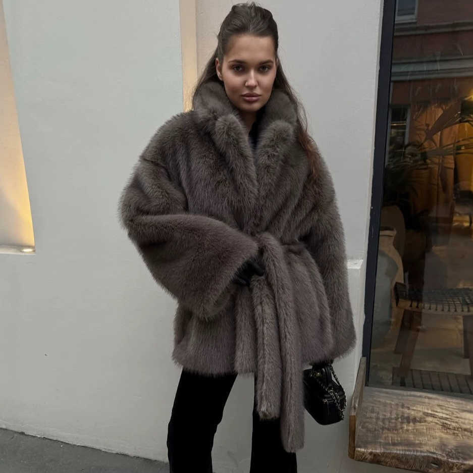 Fur Women Mid Length Coats Jackets Turn Down Collar Coat Thick Warm Y2k Strtwear Jacket Lace Tight Waist Autumn Winter S261016WILI