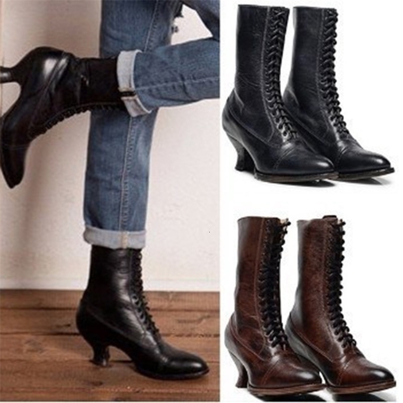 British Style Punk Women Medieval Gothic Retro Knight Boot PU Leather Ankle Mid-calf Boots Lady Cosplay High Heel Shoes 261009