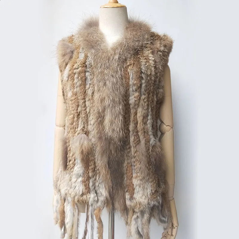 Natural Rabbit Fur Knitted Vest With Tassel Genuine Fur Warm Sleeveless Women Fur Gilet With Raccoon Fur Trimming 261014