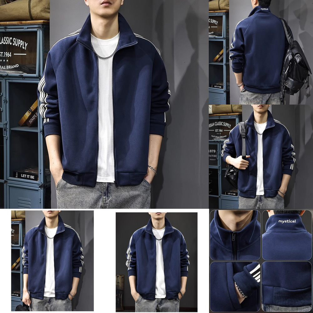 Autumn American retro stand-up collar cardigan sweatshirt for men 2025 new zip-up jacket striped sports casual coat trendy