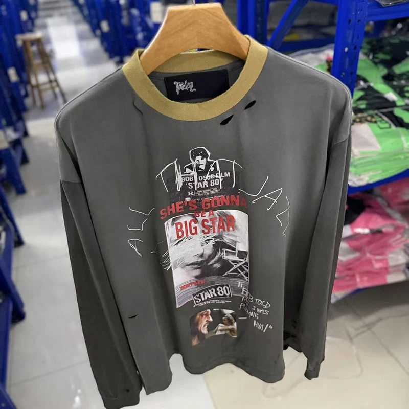 High Street Vintage Patchwork Ringer Collar T-Shirt Damaged Hole Tops Men Women Character Graffiti Paly Long-Sleeve T Shirt Tags T261019
