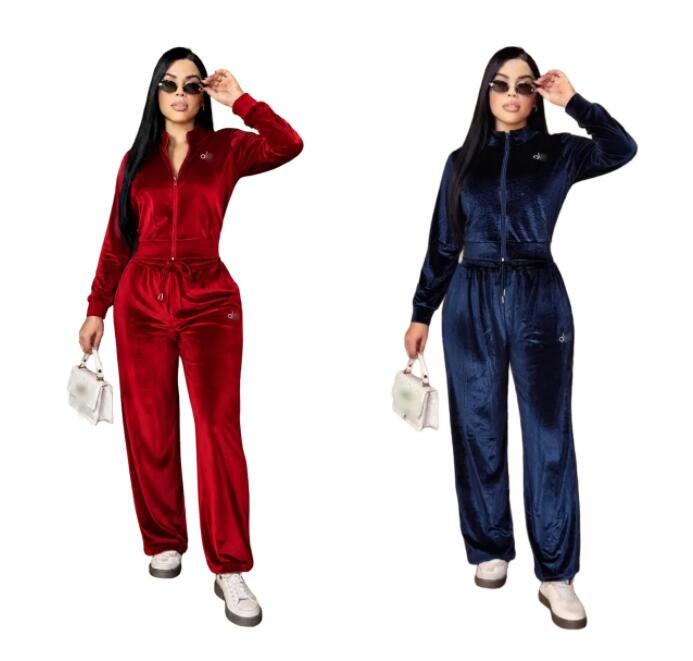 Designer Tracksuit Sports velvet Women's Two Piece Pants stand up collar zipper jacket high waist wide leg pants women's suits