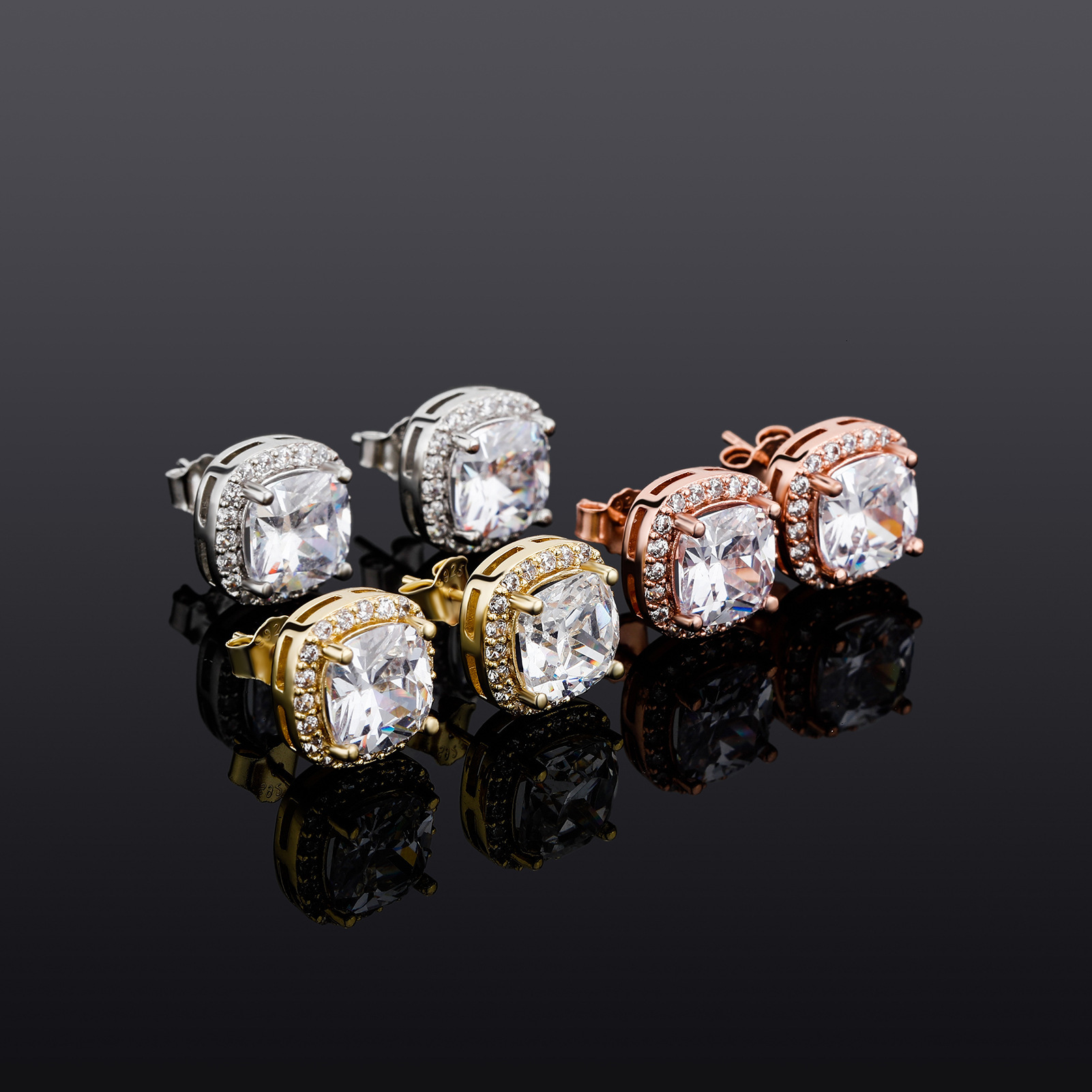 Real 18K 14K 10K men's 925 Luxury Iced silver simple style square diamond micro-inlaid moissanite earrings, four-prong inlay ear Out D VVS Diam
