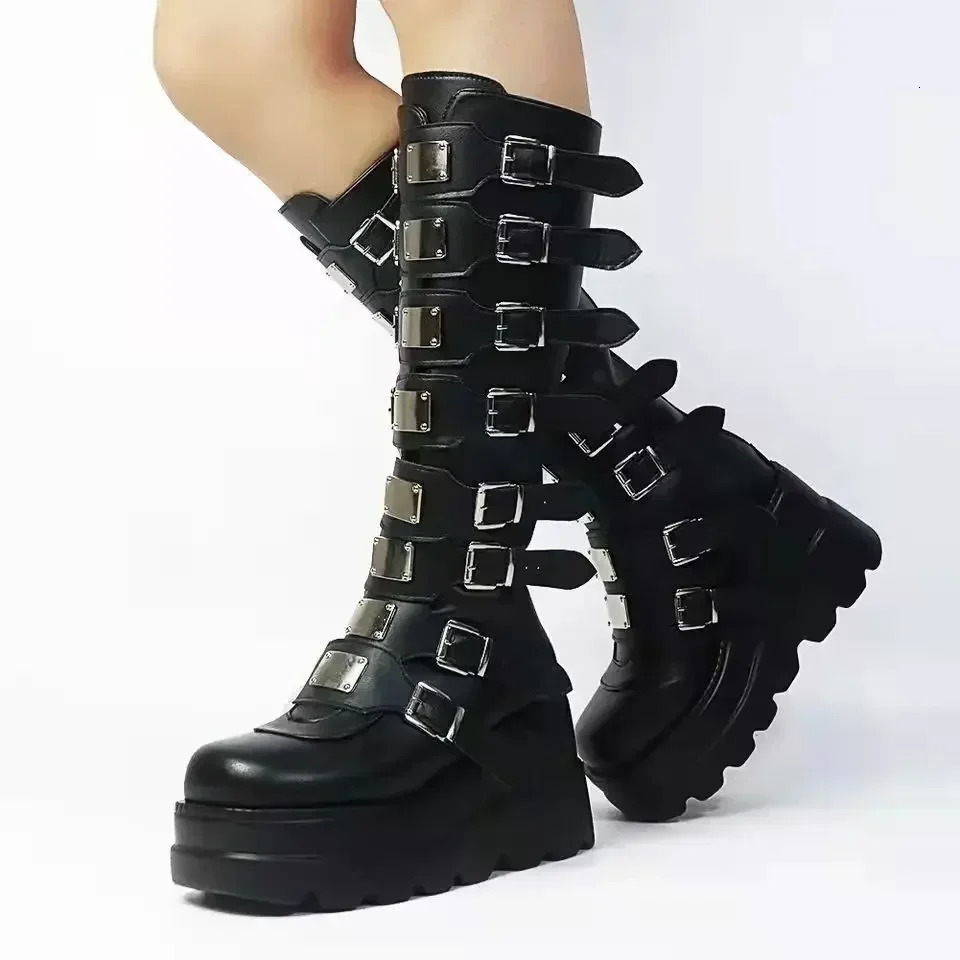 Gothic Shoes Platform Knee High Punk Black Sexy Motorcycles Halloween Cosplay 2024 Shoes for Women Zapatos De Mujer 261019