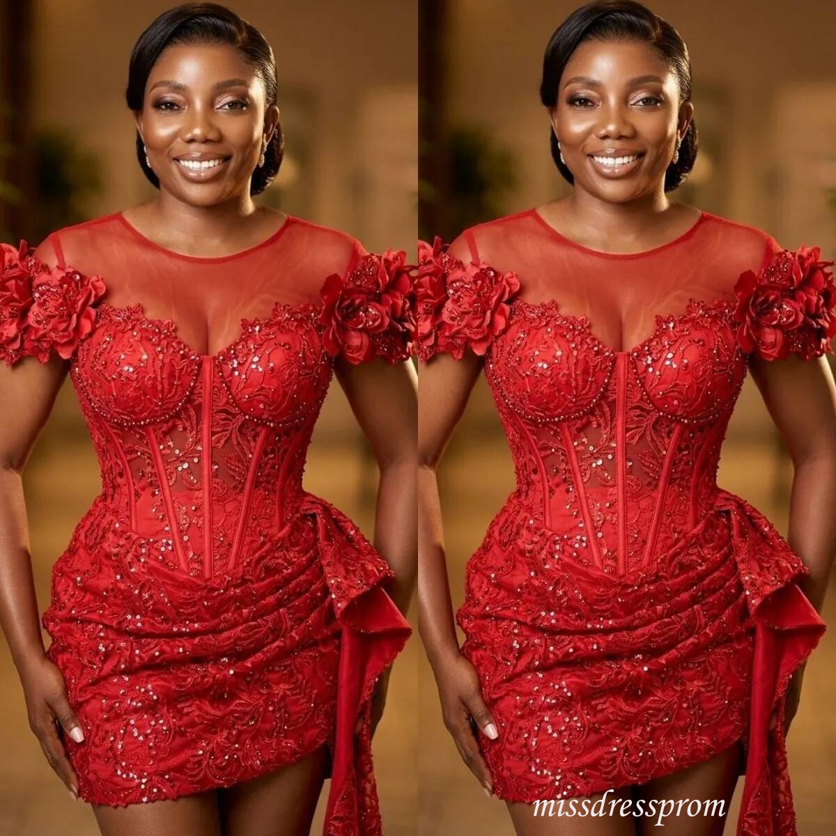Plus Size Red Cocktail For Women Illusion Mini Sheer Neck Sleeves Pearls Pleated Beaded Lace Birthday Dress Short Prom Dresses C489