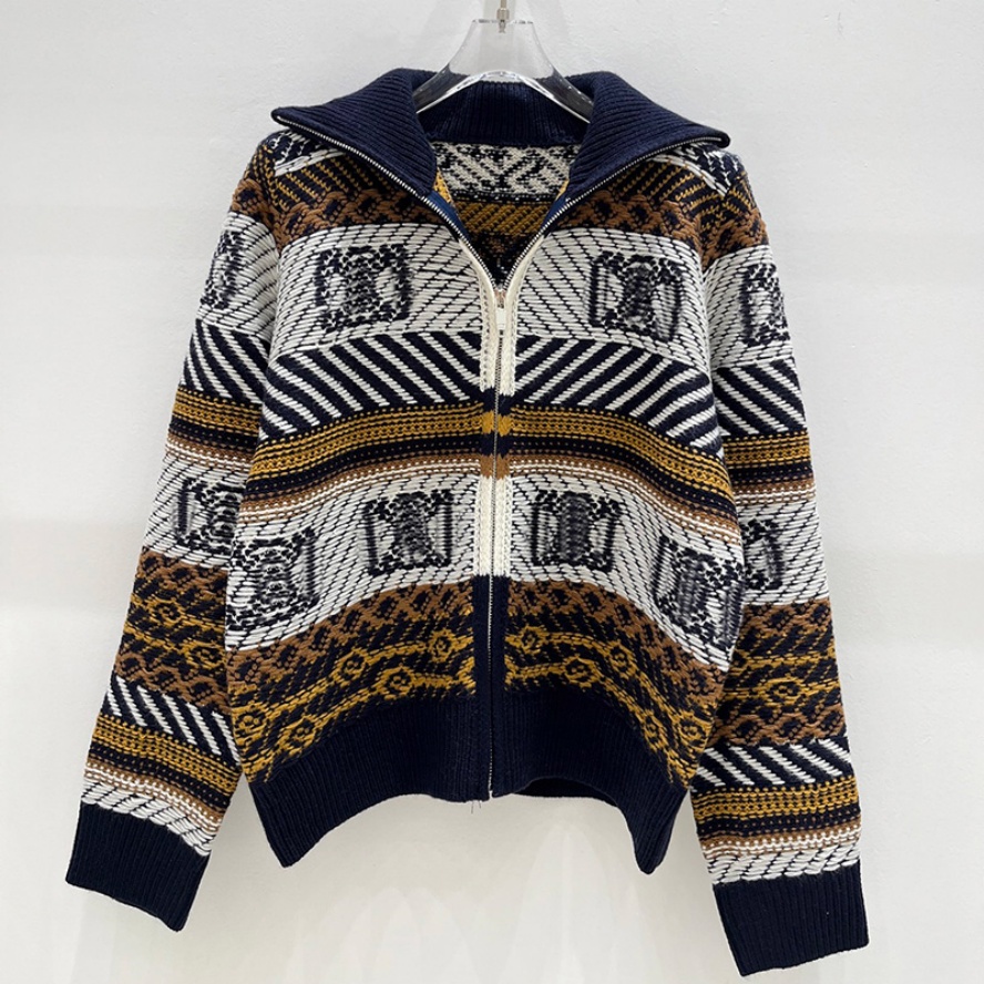 Designer Women Vintage Sweater Brand Chic Fair Isle Jacquard Zip Knit Cardigans Resort Vacation Striped Versatile Cardigan
