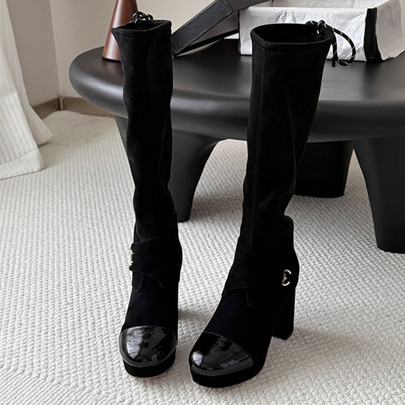 Thick Soled Womens Long Boots Premium Anti Slip Waterproof Heel High Quality Suede Leather Elegant Womens Suede Leather Boots Fashion Show Style